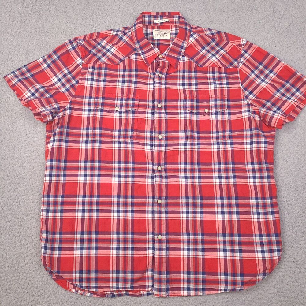 Lucky Brand Shirt Mens XL Red Plaid Western Pearl Snap Classic Fit Short Sleeve‎